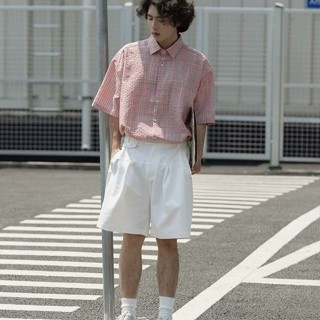 日系格子短袖襯衫男 夏季潮流時尚薄款透氣短袖襯衫男生 M-3XL 新款休閒百搭情侶五分袖粉色寸衫男女