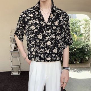 高階感輕奢短袖花襯衫男 夏季冰絲垂墜感痞帥短袖襯衫男士 韓版潮流時尚休閒五分袖寸衫男 M-3XL