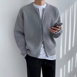 秋冬輕熟風緊身小外套男 潮流時尚雅痞無領條紋針織衫外套男 新款休閒簡約百搭長袖拉鍊毛衣男士 M-3XL