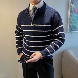 新款條紋毛衣男 M-3XL 時尚休閒拉鍊英倫風翻領針織衫男士 秋冬加厚保暖外搭潮流長袖上衣男款