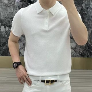 冰絲短袖POLO衫男士 M-3XL 韓系潮流個性素色簡約翻領T恤上衣男 夏季舒適休閒百搭短袖針織衫男