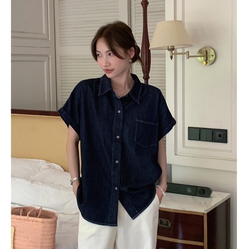 76721 復古藍口袋寬鬆牛仔短袖襯衫