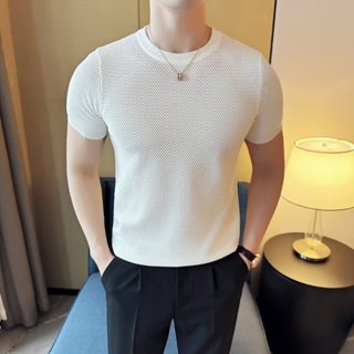 鳳梨紋針織短袖男士 夏季薄款舒適圓領透氣短袖體恤衫男 新款商務休閒時尚簡約百搭T恤上衣男款 M-3XL
