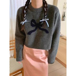 【NZN】 韓版時尚女式冬季短款毛衣蝴蝶結圖案長袖圓領針織