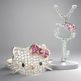 日本動漫周邊 Hello Kitty Hello Kitty Kitty 貓滿鑽吊墜項鍊飾品KT貓開口戒指