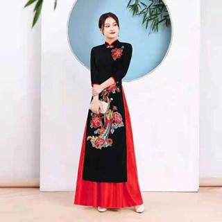 2025奧黛越南傳統中式旗袍連衣裙女旗袍復古鳳凰刺繡東方復古派對禮服旗袍