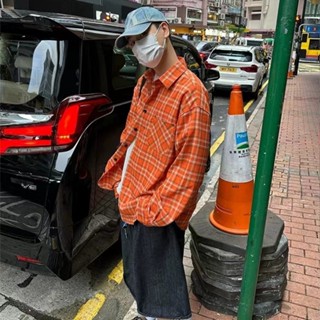 新款時尚寬鬆橘色格子襯衫男 潮流痞帥休閒百搭長袖襯衫男生 春秋青年簡約外搭防曬翻領寸衫男 M-3XL