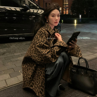 美式街頭潮流復古豹紋夾克女裝寬鬆翻領長袖單排扣中長款薄款外套