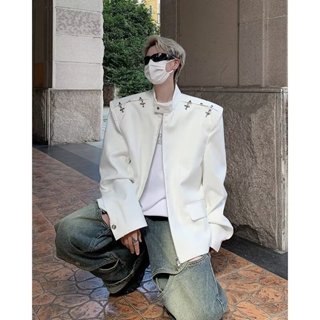 春秋高階感痞帥墊肩短版外套男裝 M-3XL 高街潮牌金屬飛機扣設計感美式飛行員夾克衫男士