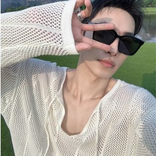 M-3XL 鏤空針織衫男士 夏季潮牌時尚輕薄防曬罩衫男生 新款休閒慵懶風鬆弛感v領長袖t恤男款