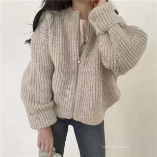 【NZN】 韓國冬季女上衣復古寬鬆純色長袖針織開衫