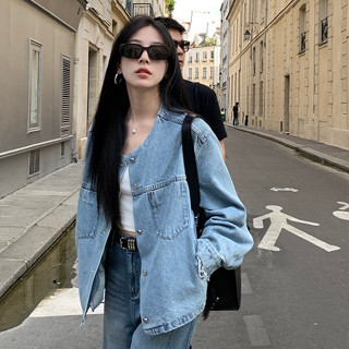 美式街頭潮流時尚淺藍色牛仔外套女裝寬鬆圓領單排扣長袖牛仔夾克
