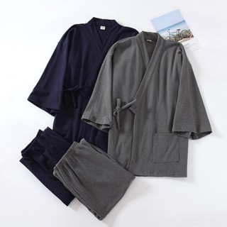 秋冬德絨保暖男士和服睡衣套裝 素色睡衣加厚情侶抽繩漢服 秋冬日式和服長袖長褲家居服套裝 浴袍汗蒸服套裝