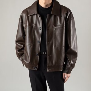 翻領皮衣男 翻領秋季寬鬆PU皮夾克 輕熟風短版皮衣外套