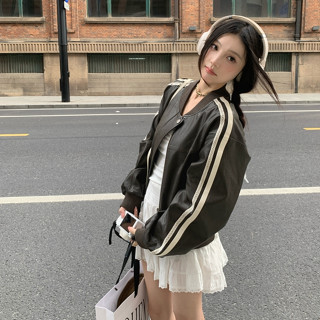 韓版街頭時尚棒球服外套女裝寬鬆圓領單排扣拉鍊長袖短版pu皮衣外套