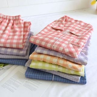 【現貨】情侶睡衣長袖長褲大尺碼家居服套裝純棉磨毛絨布家居服春秋格子簡約
