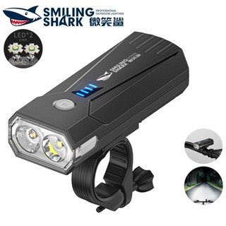微笑鯊正品 QXD415 強光自行車燈 2*led高亮腳踏車燈 帶喇叭 5檔 USB可充電 帶電顯 防水戶外夜騎山地車燈