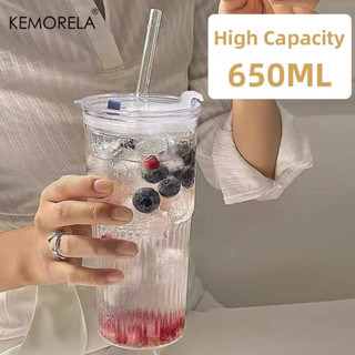 1/2pcs 600ml 條紋玻璃杯帶蓋和吸管透明水杯果汁水和冰咖啡杯飲料杯