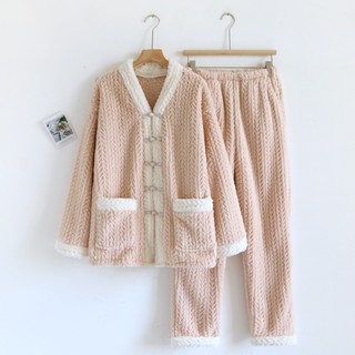 珊瑚絨保暖冬季女生睡衣 刷毛加厚法蘭絨睡衣套裝 冬季居家服大尺碼套裝
