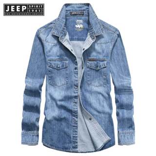 Jeep SPIRIT 1941 ESTD純棉長袖襯衫男秋季寬鬆復古牛仔外套