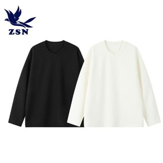 ★yirene★2024秋季新款 美式肌理感V領T恤 華夫格重磅長袖 小眾設計 帥氣男士休閒打底衫 純色寬鬆內搭上衣