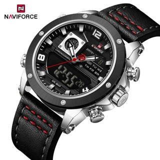 Naviforce 9236 男士手錶軍事運動手錶皮革錶帶石英夜光防水多功能計時碼表雙顯示男士手錶