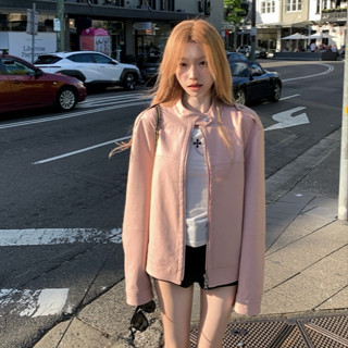 法式街頭潮流時尚粉色夾克女裝寬鬆圓領拉鍊長袖棒球服外套上衣