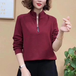 女式寬鬆上衣長袖 Wanita Baju 上衣 Blus 拉鍊高圓領 O 領滌綸襯衫秋季薄款加大碼休閒上衣 #385