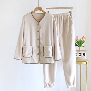 多口袋秋冬季女生睡衣居家服 冬天珊瑚絨加厚保暖家居睡衣套裝 小外套外穿家居服套裝