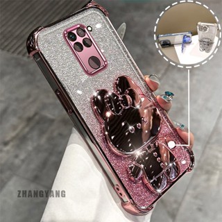 Redmi note 9閃粉四角電鍍防摔手機殼唯美卡通3D兔子支架TPU軟殼