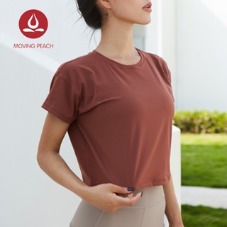 MOVING PEACH 女運動上衣素色簡約休閒寬鬆露肚短版T恤瑜珈短袖健身跑步外穿親膚透氣戶外普拉提運動罩衫 BTQ