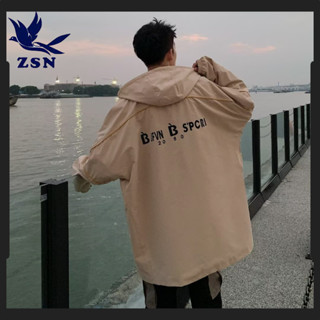 ★yirene★韓版男裝 中長款夾克 男士風衣 潮流百搭 字母印花 純色寬鬆 連帽外套