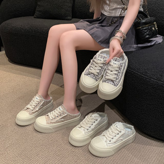 「Chicwalks女鞋店」 百搭帆布鞋女韓版小白鞋 厚底綁帶鞋 增高白鞋子 新款格紋平底鞋 帆布拖鞋 穆勒鞋 包頭半