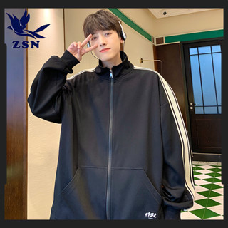 ★yirene★韓版男裝 純色條紋 男士上衣 百搭寬鬆 拉鍊長袖 立領夾克 港風外套