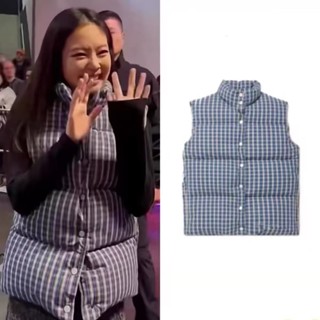 Blackpink Jennie 韓式時尚藍色格子立領無袖羽絨棉夾克背心