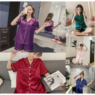 【星辰】現貨現貨90kg可穿 女生寬鬆加大尺碼胖mm 冰絲短袖睡衣女 素色夏天睡衣套裝 翻領開衫絲綢睡衣