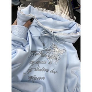 【BANKO】藍色大學T 帽T 連帽上衣 長袖大學T 韓版秋季女裝寬鬆刺繡蕾絲邊藍色長袖連帽大學T