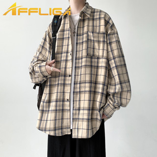 ✦AFFLIGA✦春秋撞色格子男長袖襯衫 美式復古高級感格紋外套 痞帥寬鬆休閑翻領大尺碼男女衣著