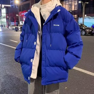 設計感假兩件連帽棉衣麵包服男 冬季加厚保暖高階感寬鬆羽絨服外套男m-3xl