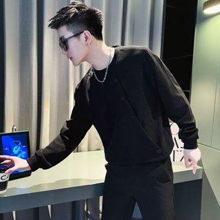 2024新款高階感排扣大學T男 春秋季潮牌長袖痞帥圓領上衣男m-3xl