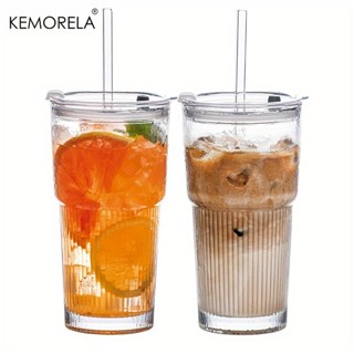 KEMORELA 1/2 件,帶蓋和吸管的玻璃杯,時尚羅紋設計的冰咖啡杯玻璃杯,果汁、冰沙、冷飲、耐用的玻璃器皿