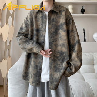 ✦AFFLIGA✦春秋燈芯絨水墨紮染撞色男夾克 潮牌寬鬆中國風青少年休閒襯衣外套 痞帥設計感潮流街頭男裝