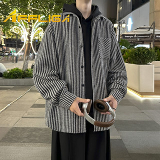 ✦AFFLIGA✦美式復古街頭高級感男條紋襯衫 秋冬季2024新款加厚青少年休閒外套 百搭翻領寬鬆男裝