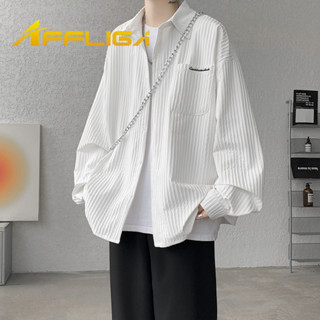 ✦AFFLIGA✦春秋多色刺繡襯衫男士長袖 痞帥高階感美式復古男女襯衣 潮牌褶皺條紋情侶外套