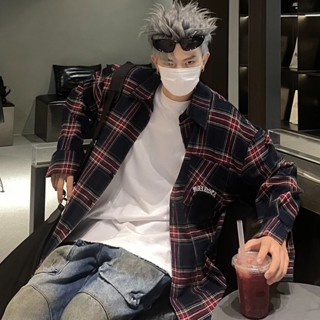 美式復古酒紅色格子刺繡長袖襯衫男 秋季潮牌寬鬆休閒襯衫外套男m-3xl