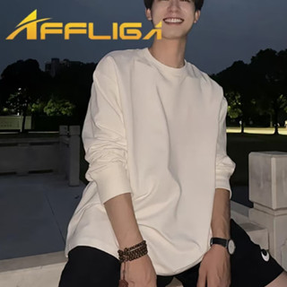 ✦AFFLIGA✦春秋款美式休閒重磅男士長袖衫 純色光板螺紋袖口男女長袖T恤 圓領百搭男款內搭打底衫