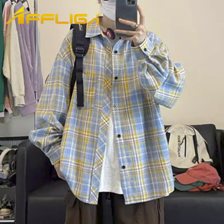 ✦AFFLIGA✦韓版潮流復古格子大碼男女同款長袖襯衫 寬鬆翻領內搭男青少年休閒外套 高階感百搭潮流慵懶風上衣外穿