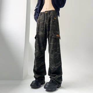 美式復古設計感迷彩工裝褲男 多口袋寬鬆直筒闊腿牛仔褲男m-3xl