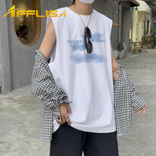 ✦AFFLIGA✦2024夏季男生雲朵字母印花背心 美式痞帥潮流男生外穿無袖t恤 運動休閒寬鬆男款短袖上衣