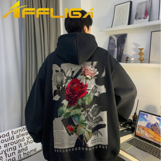 ✦AFFLIGA✦秋季新款寬鬆復古玫瑰印花寬鬆連帽大學T 時尚男士圓領大學T簡約百搭 男士圓領連帽運動上衣 前側大百寶袋